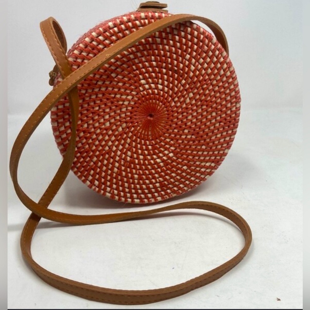 Rattan Circle Crossbody Bag Round Hand Woven Orange Lined Purse - Picture 1 of 8